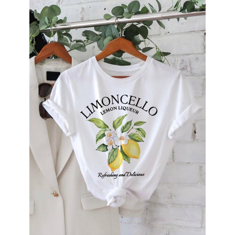 LIMONLLO letter lemon flower printed short sleeved round neck T-shirt for women