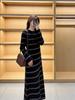 Women's French Hepburn Color Block Striped Knit Dress - Round Neck, Relaxed Fit, Long Skirt, Spring/Autumn Sweater.