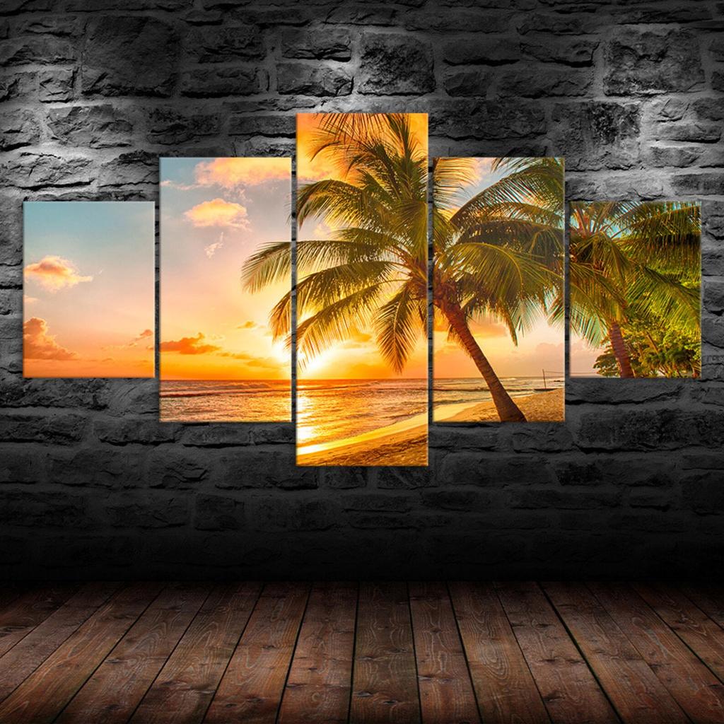 Tropical Beach Paradise Sunset Canvas 5 Piece Five Panel Wall Print Modern Art Poster Picture Home Decor Gift For Him For Her