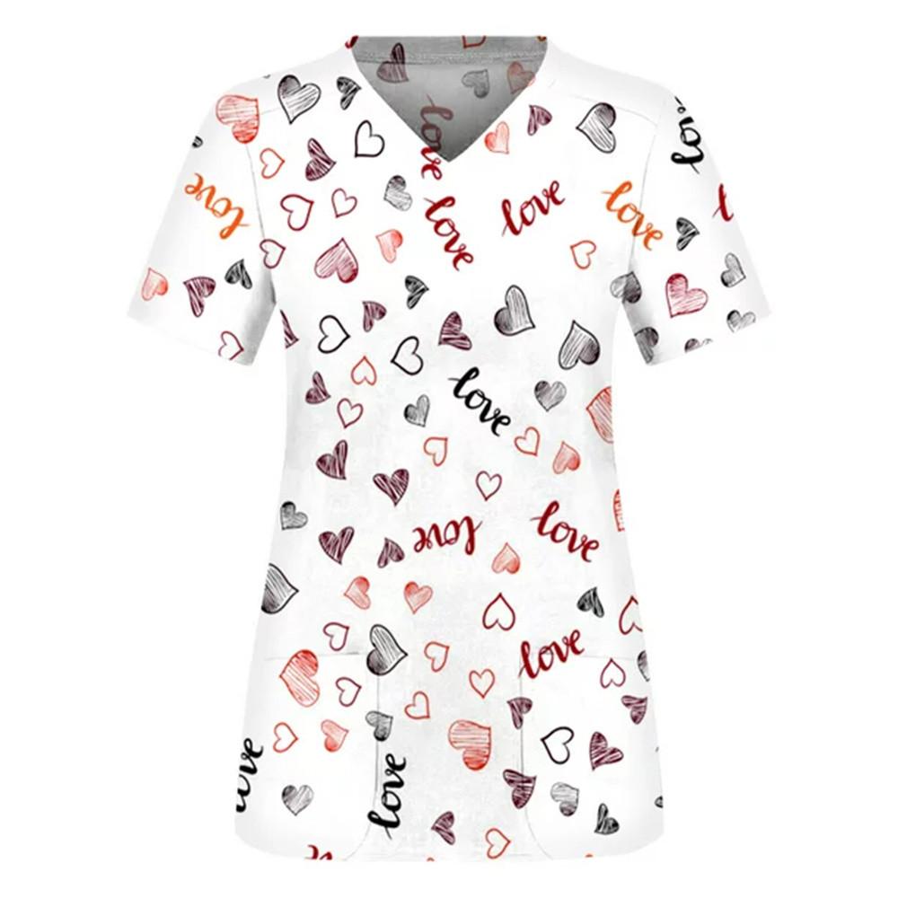 Nurse Uniform Love Heart Print Pocket V-Neck Nursing Scrubs Tops Workwear Women's T-shirts