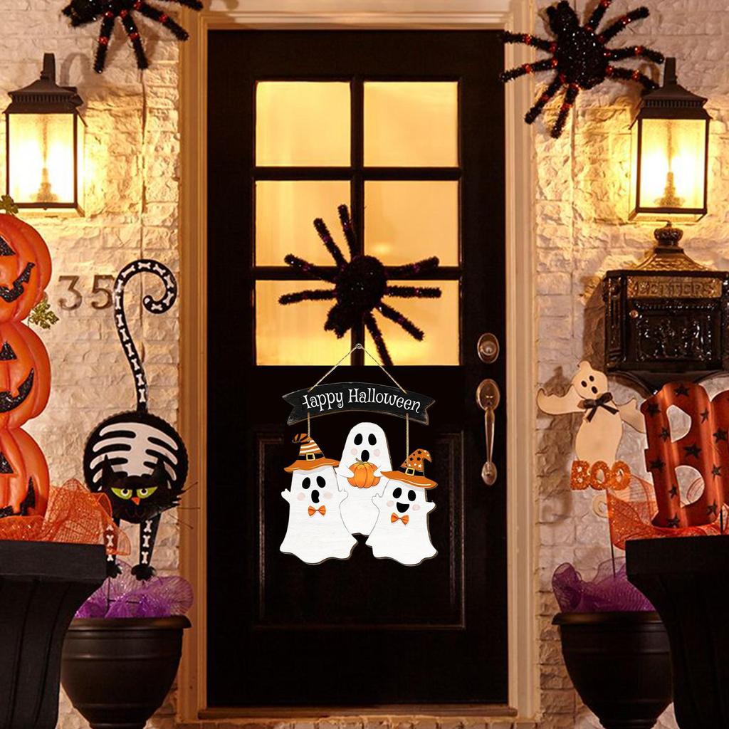 Halloween Wooden Door Sign Door Hanger Ghost Sign Hangable Decoration For Indoor Outdoor Wall Entrance Porch Living Room