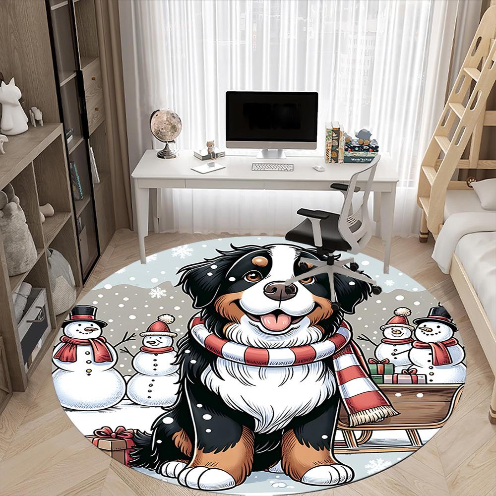 1PC Winter Snow Dog Office Round Area Rug, Mat Suitable For Office, Under Office Chairs Bedroom Living Room Home Decor, Room Deco
