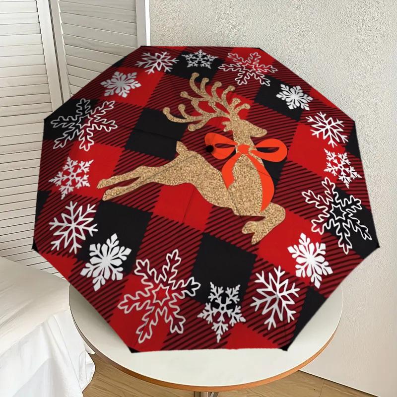 

1pc Christmas Reindeer Plaid Pattern Umbrella with Plastic Handle,Suitable for All Seasons Home Travel Outdoor UmbrellaDD227