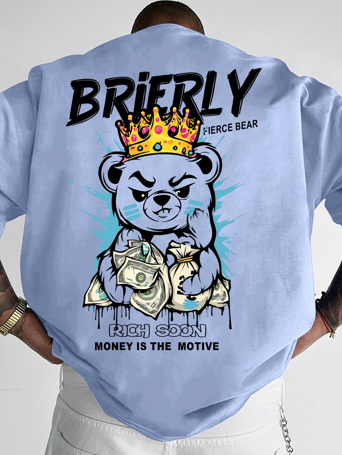 

Summer Teddy Bear Wealth Letter Print Comfortable Breathable Round Neck Mens TShirt for Outdoor Trendy Streetwear Short Sleeve S