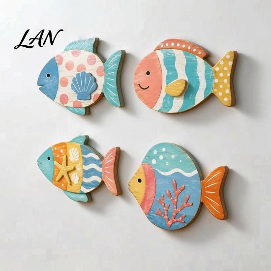 Coastal Wall Art Decor 4PCS Aspen Wood Fish Decor, Colorful Hanging Vintage Distressed Sculptures Art, Beach Theme Decorative Plaques for Bathroom