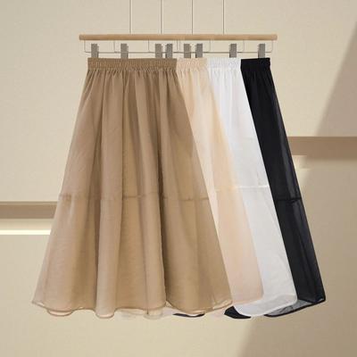 Spring/Summer Mesh Organza Midi A-Line Skirt for Women - High-Waist Slim-Fit Student Fairy Dress with Elegant Style