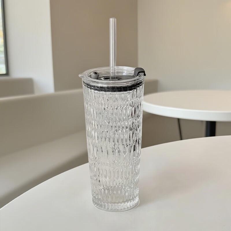 Shangqi Ribbed Glass Cup Set with Lid and Straws