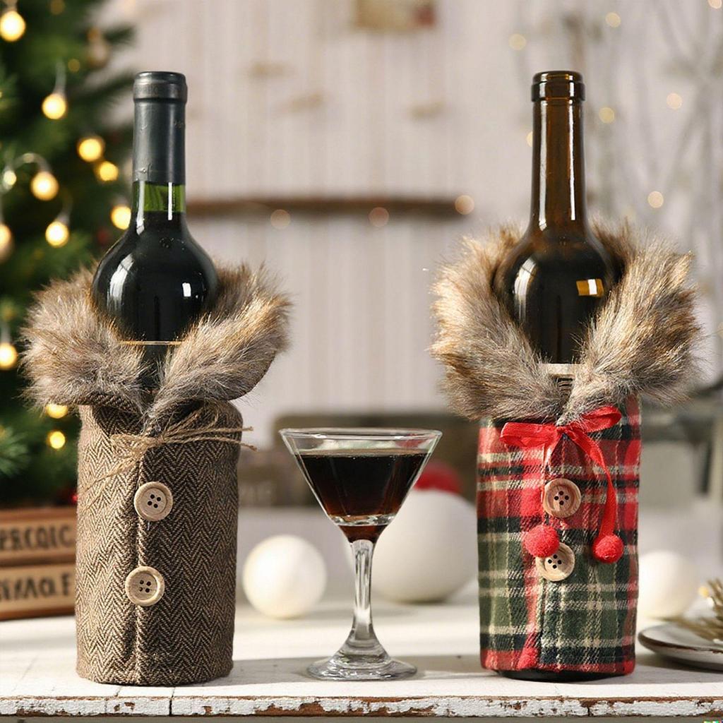 Mingguan Christmas Plaid Fur Collar Wine Bottle Cover & Bag