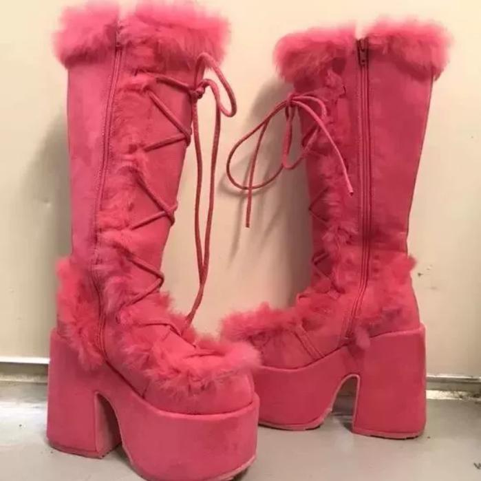 Fashion New Winter Women Snow Boots Platform Wedge High Heel Faux Fur Lady Shoes Female Plush Warm Non-slip Mid Calf Boots Goth Shoes