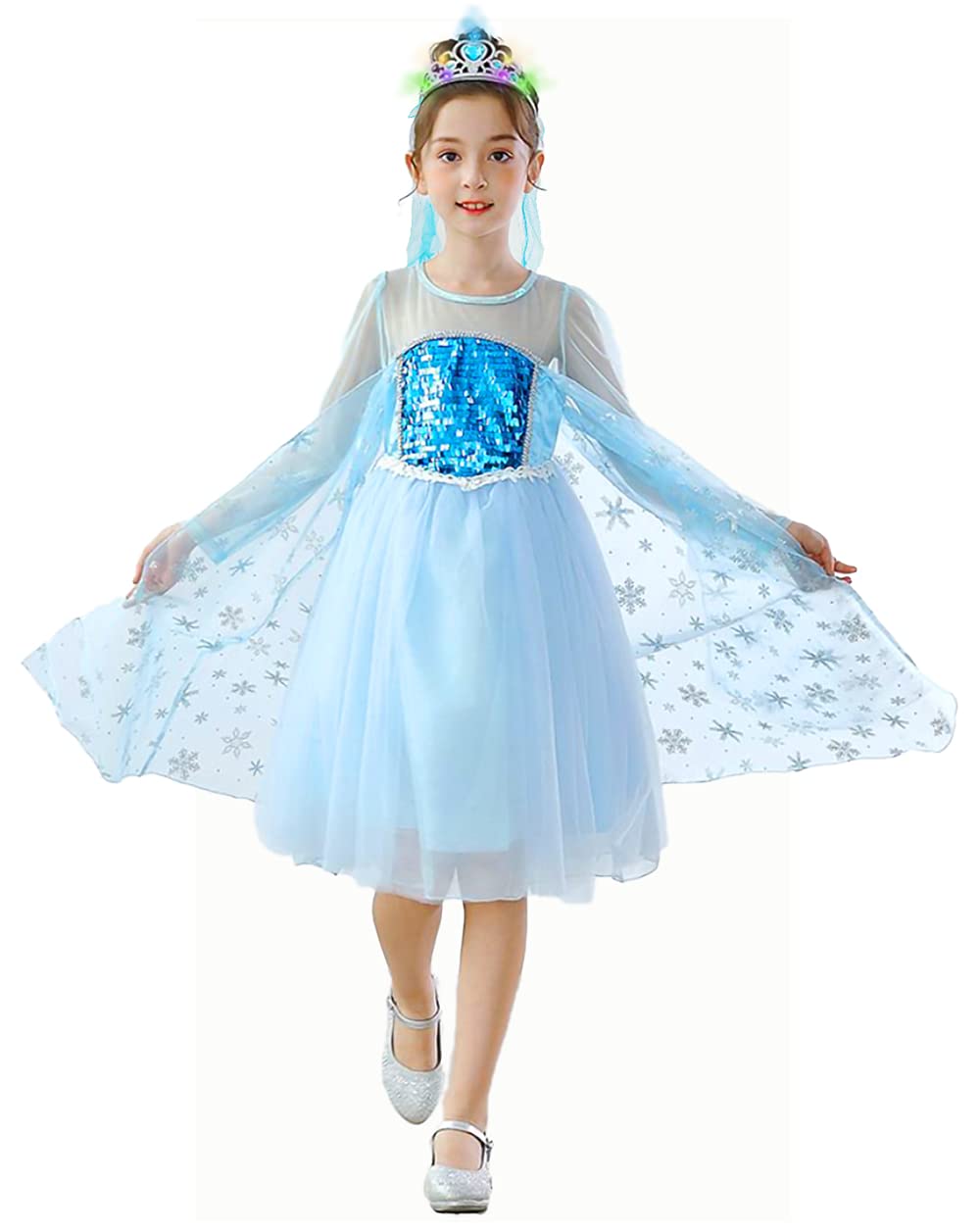 

CHOOSEWAY Платье Эльзы из мультфильма «Холодное сердце» для косплея на Хэллоуин, светящееся светодиодное платье принцессы для детей, дети, костюм, тиара, дети, девочки, (140)