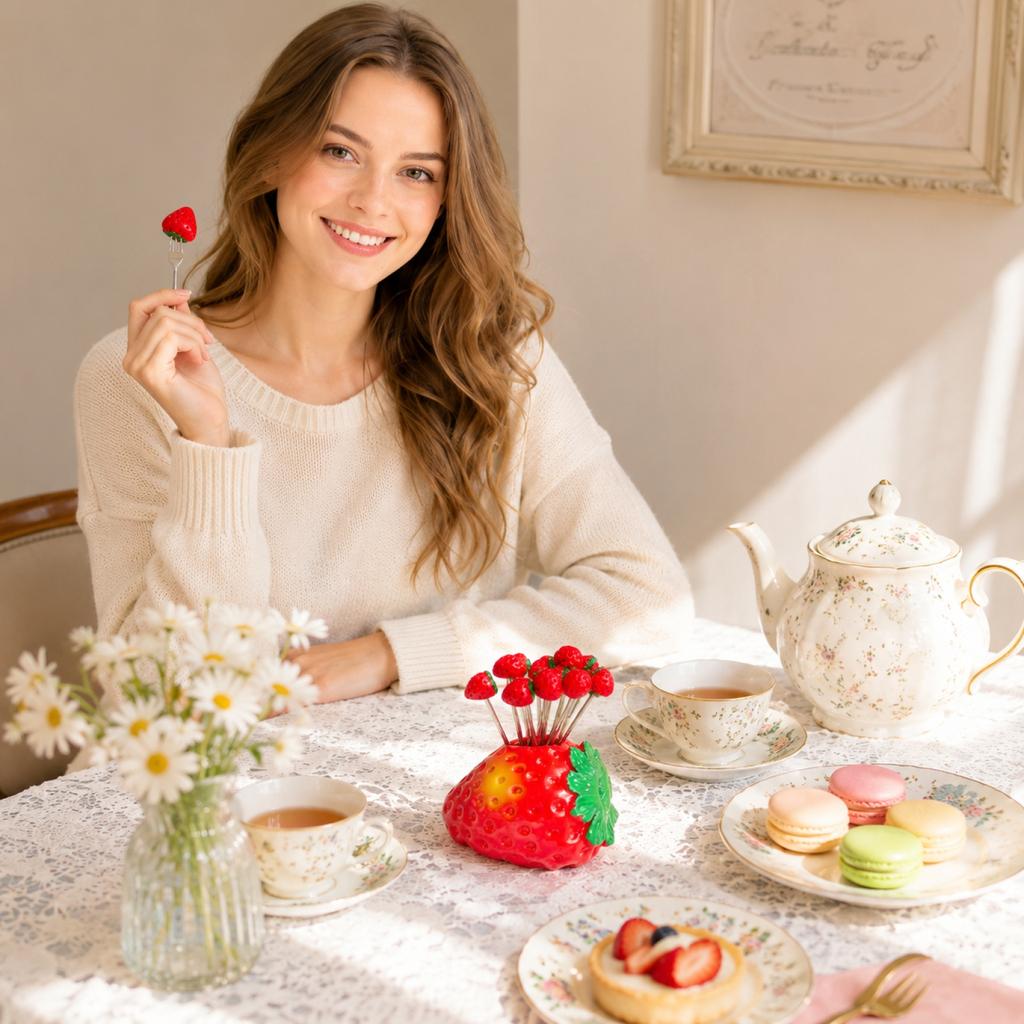 Edelstahl Obstgabel Set mit Erdbeer-Design Halter 6 Stück Vorspeisengabeln für Party-Servieren und Küchengebrauch