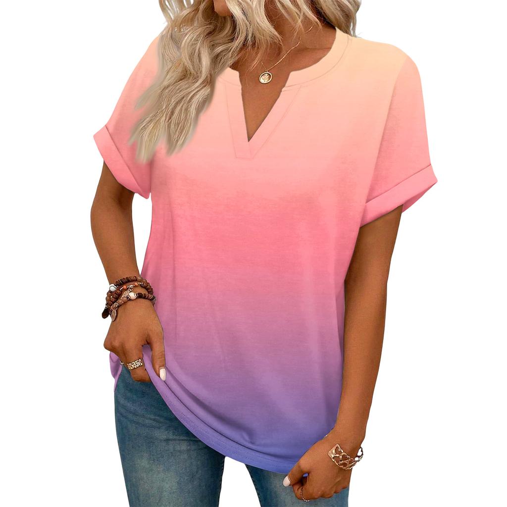 Modny Damski Casualowy T-shirt z Dekoltem V, Krótkim Rękawem i Gradientem