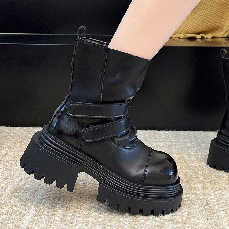 European leather Velcro platform muffin Martin boots versatile Chelsea boots platform small 6cm women's shoes