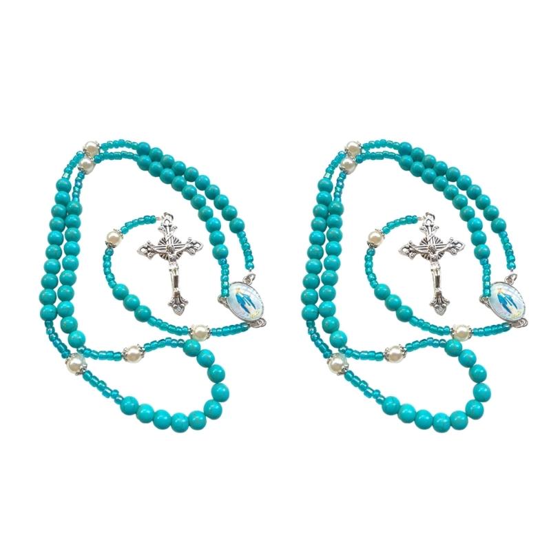 Catholic Blue Turquoise Beads Rosary Chain Necklace with Metal Crucifix Pendant Religious Jewelry Gift for Men and Women