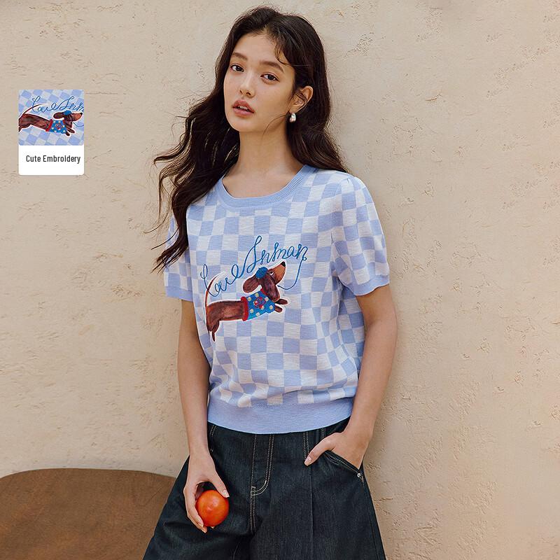 INMAN Women s French Checkered Short Sleeve Knit Top with Puppy Embroidery L