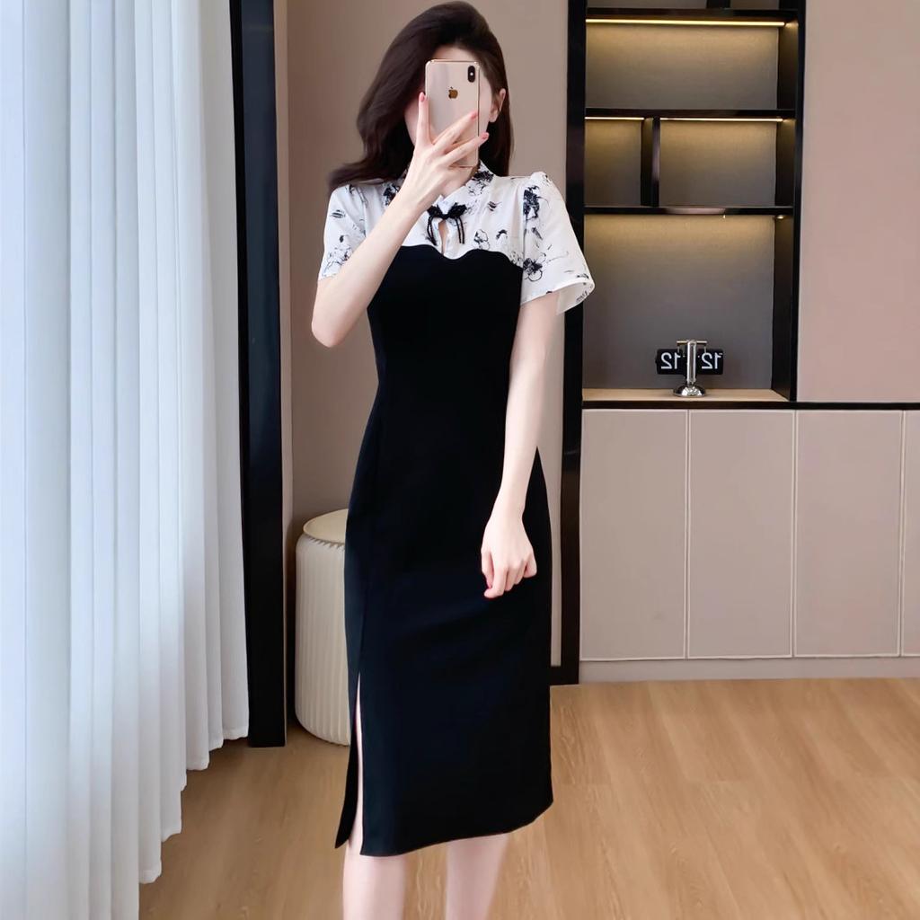New Chinese Style Cheongsam Small Disc Button Dress 2026 Summer New Splicing Temperament Meat Cover Short Sleeve Skirt