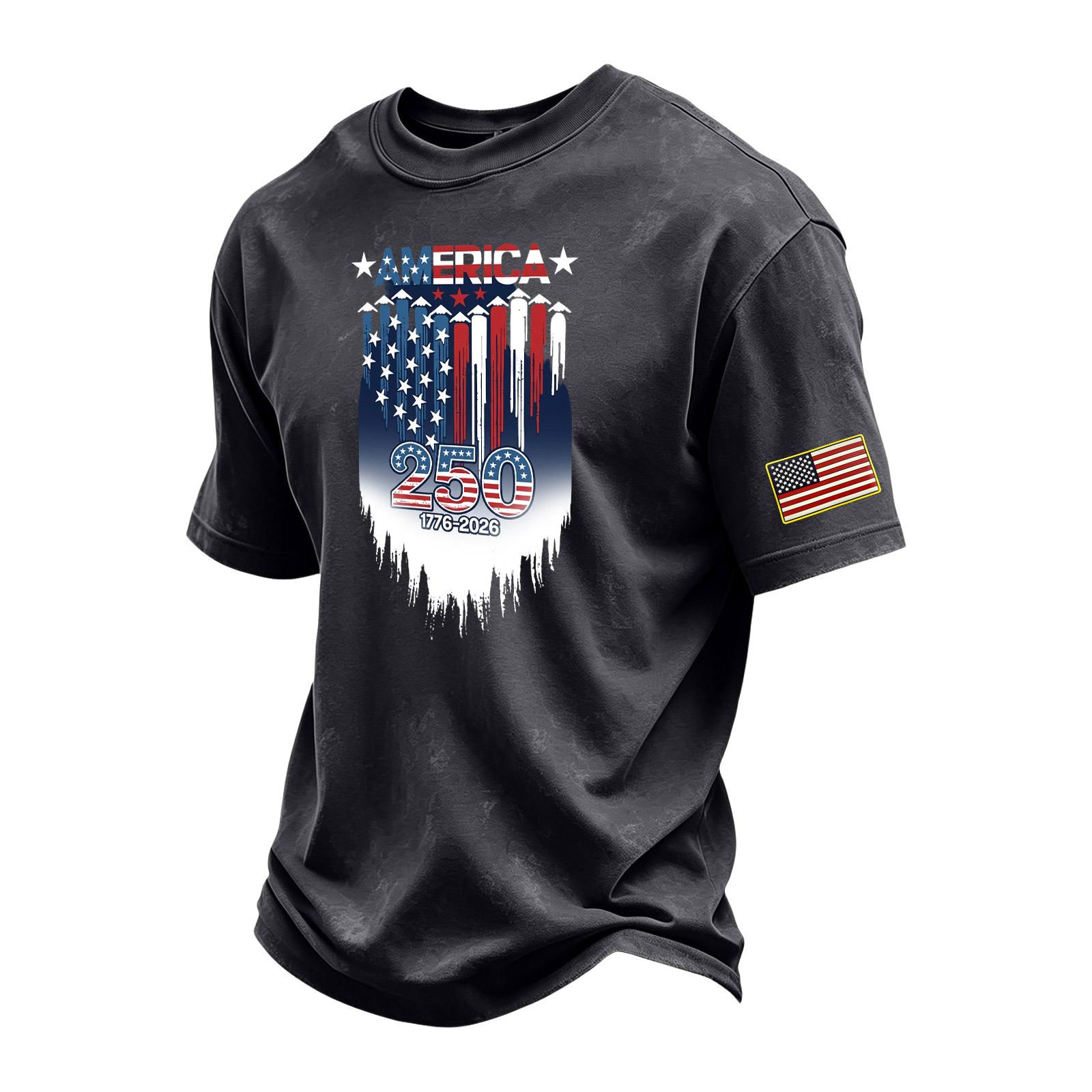 

Men s Vintage Washed Short Sleeve Crew Neck T-Shirt with Patriotic Graphic Print and Sleeve Flag Patch Casual Fit M