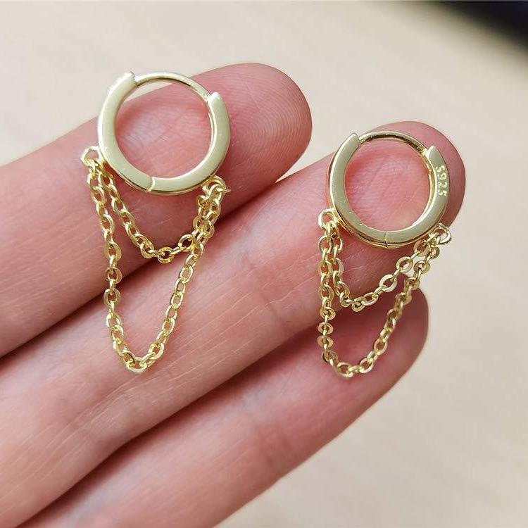 Elegant Double Line Tassel Earrings: 18K Gold, S925 Sterling Silver Studs, Copper Ornament, 14K Gold Chain.