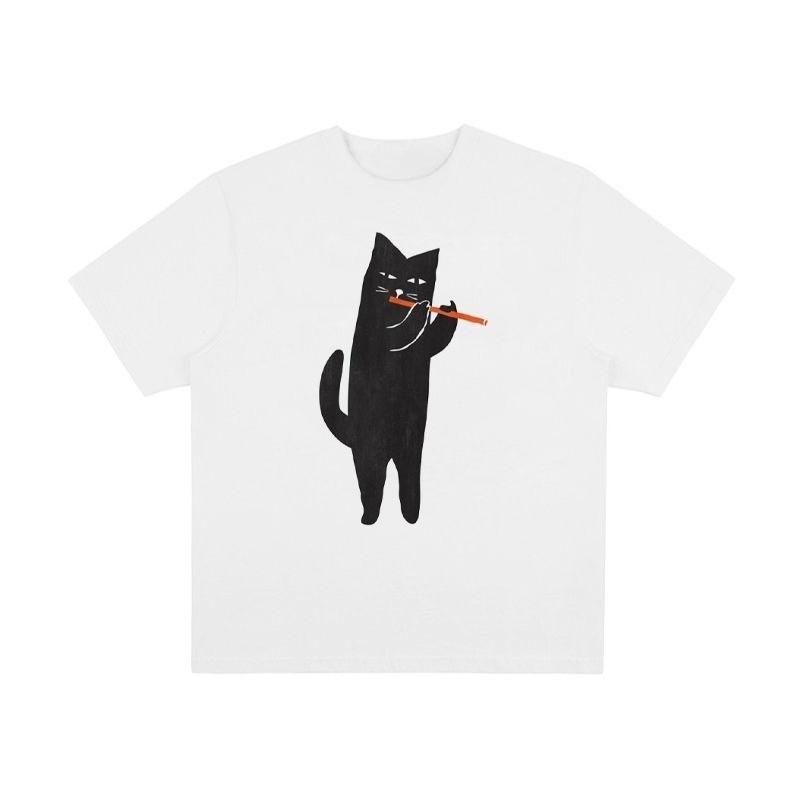 A Cat Playing The Flute, Direct-printed T-shirt, Retro Vintage T-shirt, Loose and Casual Short-sleeved T-shirt for Men and Women