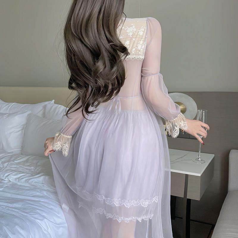 Sexy Pajamas With Chest Pad Lace Mesh Large Size Bow Suspender Home Clothing Set