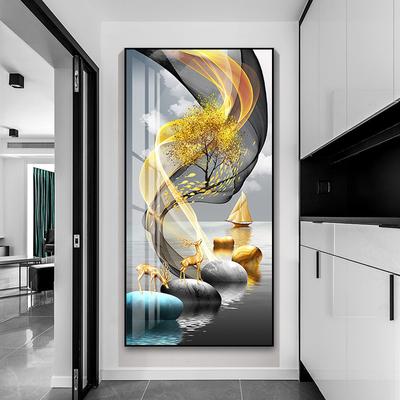 Modern Golden Rich Tree Canvas Painting Wall Art New Chinese Gold Deer Zen Stone Posters for Porch Wall Decoration Room Decor