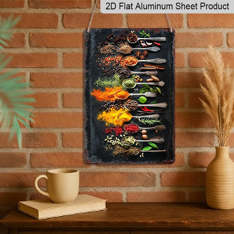 2D Flat Vintage Spice Art Metal Wall Decor - Perfect for Rustic Kitchens, Bars, Cafes, and Home Decoration, Featuring Labeled Spice Jars and Cooking