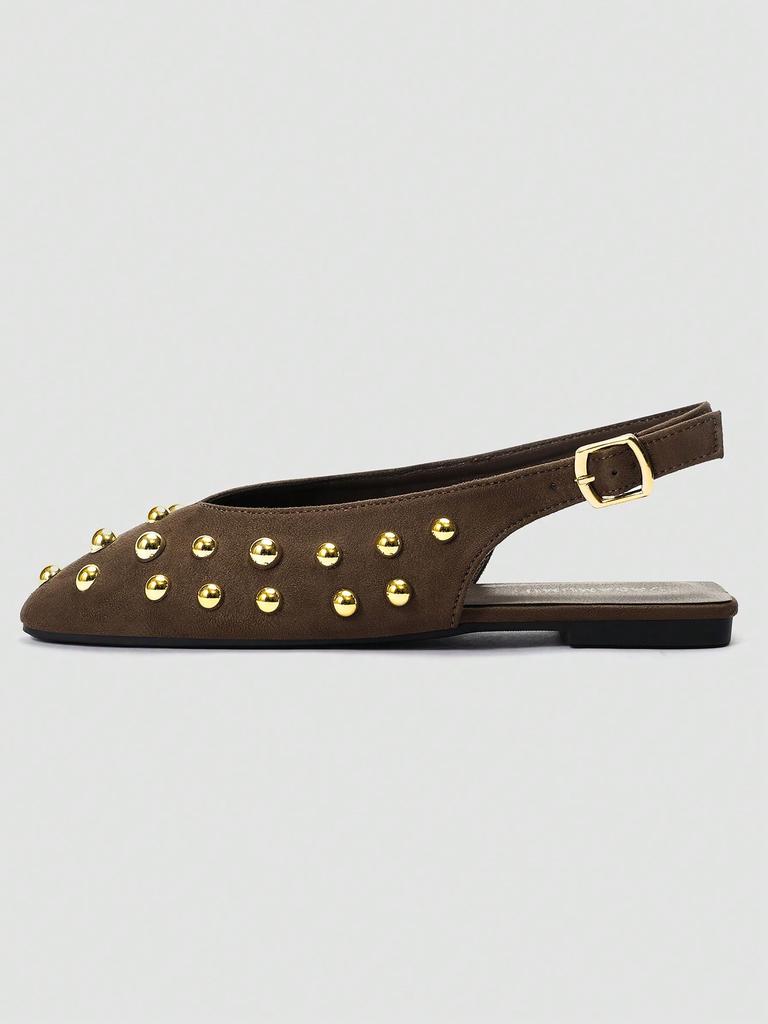 Brown Pointed Toe Mary Jane Backless Slip-on Sandals, Gold Metal Ball Decor, Adjustable Back Strap