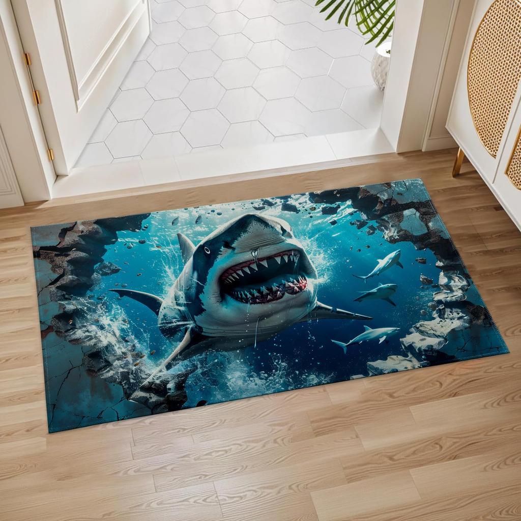 Shark Breaking Wall Door Mat Non Slip Soft Absorbent Indoor Rug Ocean Animal Floor Mat for Entryway Bathroom 17x29.5 Inch