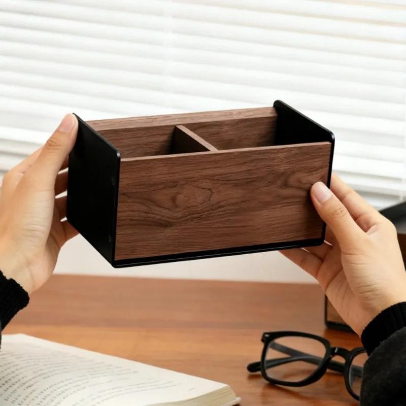 Creative Walnut Solid Wood Office Storage Aluminum Alloy Holders Desktop Office Storages Organizer Convenient Sundry Stationery