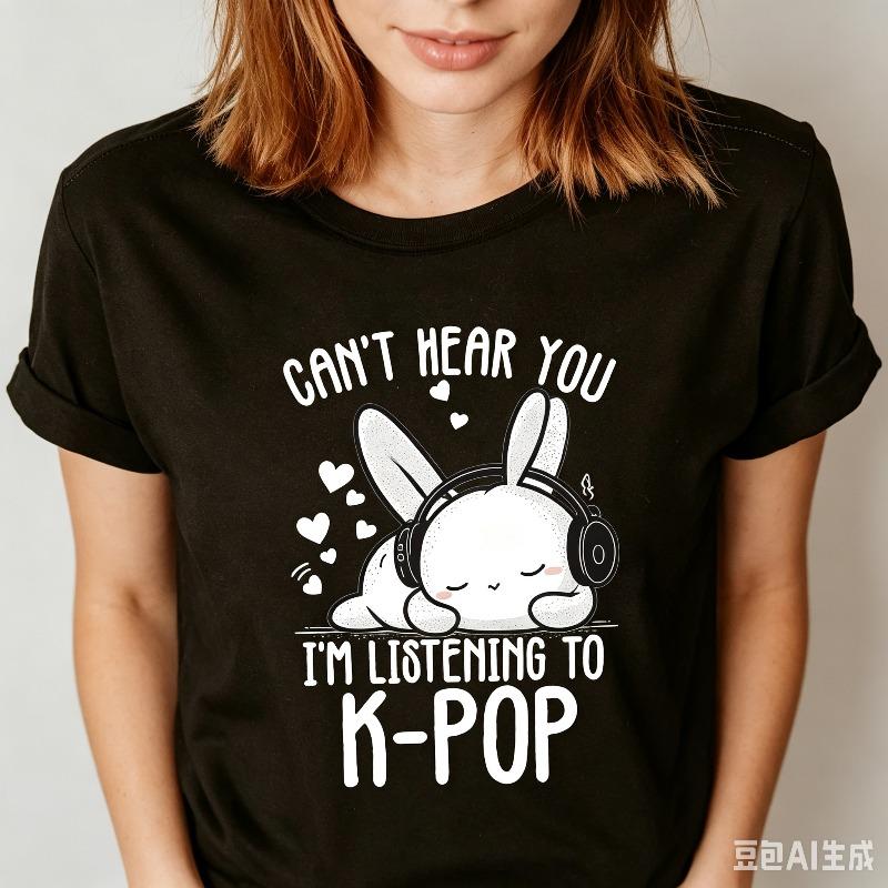 Cant Hear You Im Listening To Kpop Tee Cute Bunny Music Print Tshirt Black White