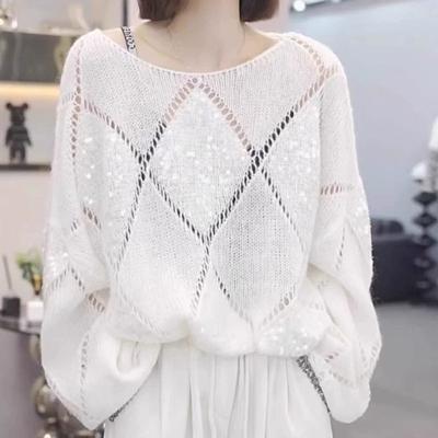 Women's Hollow Knitted Sweater Sequins Solid Glitter Knitting Blouse Long Sleeve Pullover Blouses Female Lady Beach Club Outfit