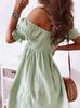 Women Off Shoulder Short Sleeve Ruched Waist Solid Dress Casual Smocked Bodice Tiered Hem Mini Sundress Summer