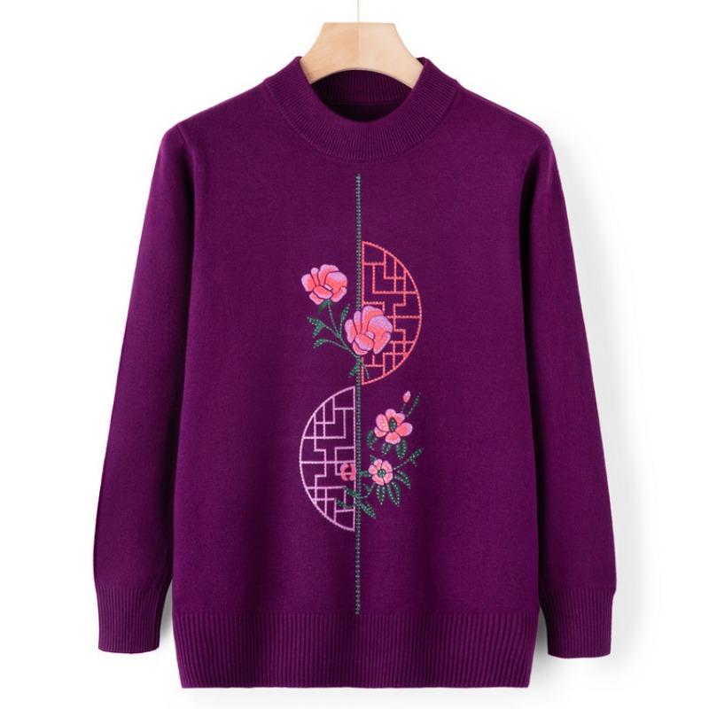 Mom Autumn Knitted Sweater Top Medium and Old Autumn and Winter Crew Neck Bottoming Shirt Grandma Pullover Sweater Elderly Clothes