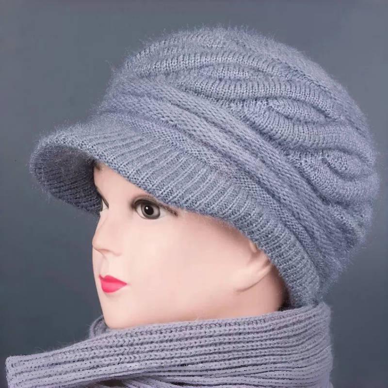 Dámská zimní vlněná čepice a šála: Hustý, Teplý, Odolný proti chladu pro střední věk a starší. Pletený design s plyšovou podšívkou.