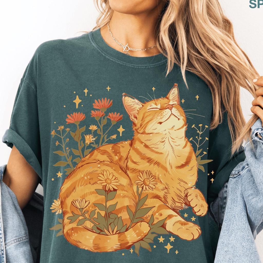 Wildflowers Orange Cat Shirt Comfort Colors® Cottagecore Cat Tee Botanical Kitten Cat Lover Gift Spring Garden Mom Aesthetic Cozy Nature Top