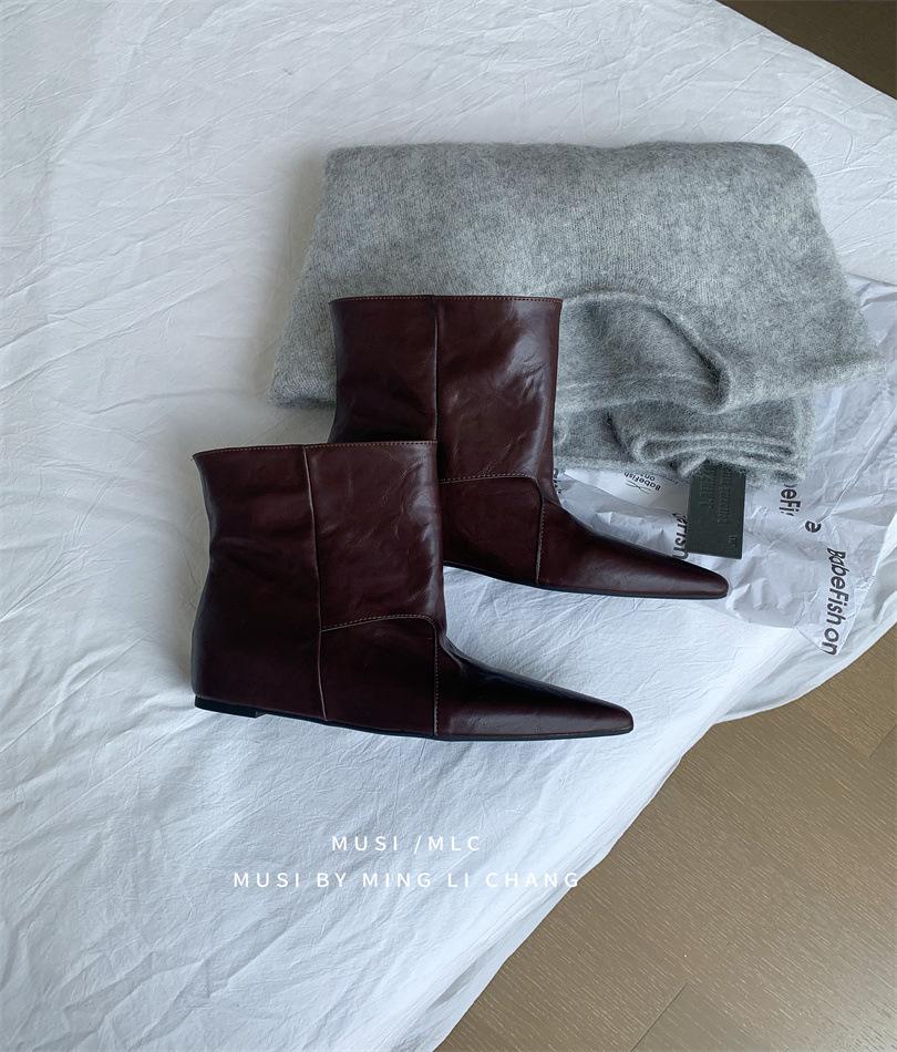 

Square head short boots women s inner height increase retro brown suede elastic thin boots versatile flat ankle boots 39 темно-коричневого