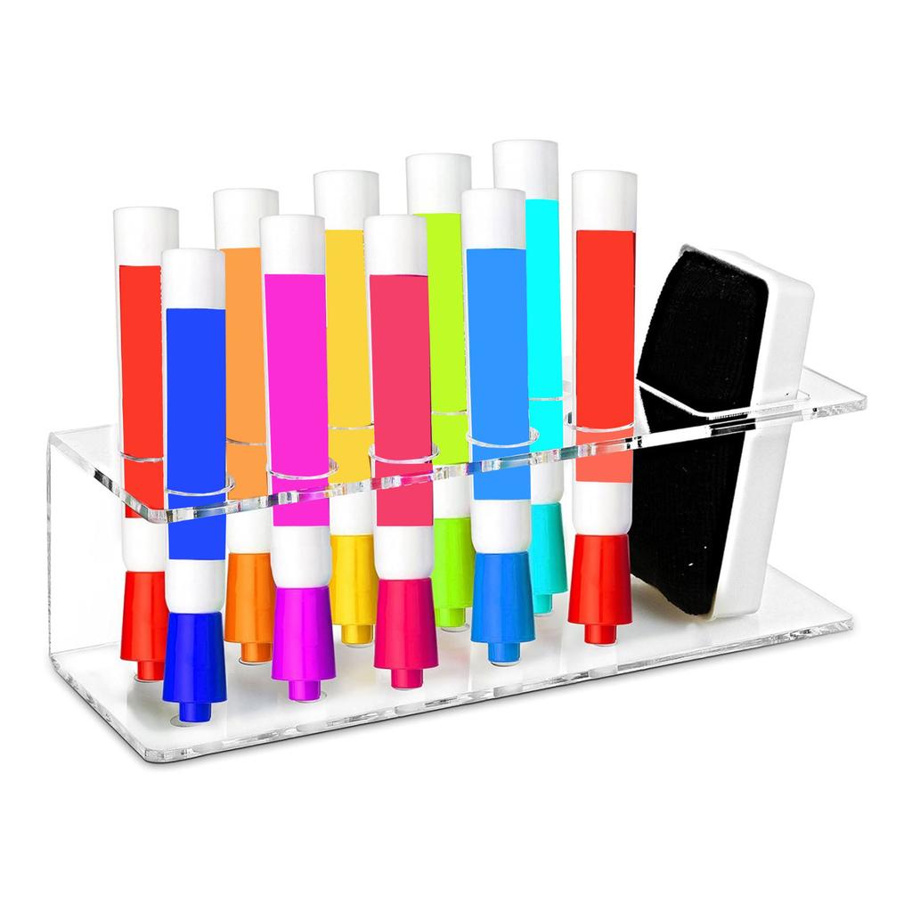 10 Slots Marker Pen Organizer Acrylic Wall Rack Stationery Hanger for Office and Classroom Teacher Whiteboard Supplies
