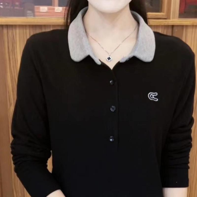 Lapel Sweatshirt Fashionable Solid Color New Polo Neck Long-sleeved Top G Middle-aged Mother's Spring and Autumn Slim and Age-reducing Shirt