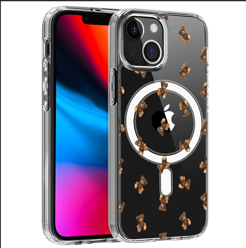 Cartoon Bear Magnetic Transparent Full Coverage Case for iPhone 15/16/17 Pro Max