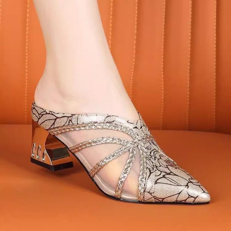 Fashion Special-shaped Heel Baotou Slippers Women's Fashion Pointed Toe Shallow Mouth Splicing Mesh Surface Non-slip Semi-drag