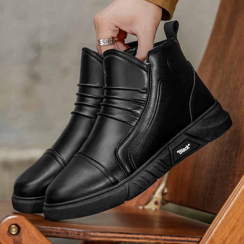 Men Black Leather Ankle Boots Winter Warm Cotton Shoes High Top Casual Leather Motorcycle Boots Trend Slip-on Men's Snow Boots