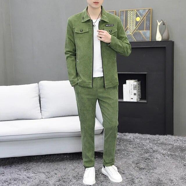 

Men Autumn Casual Track Suit Corduroy Sets Two Piece Long Trousers and Jakcet Clothing Men Pockets Suits XXXL зелений