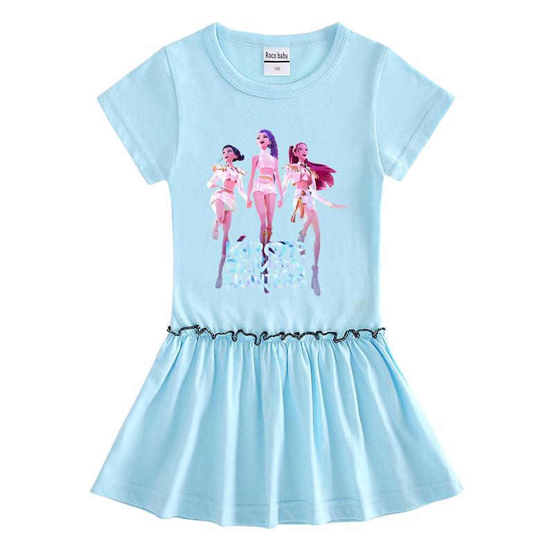 Kpop Monster Hunter Girls' Summer Pleated Dress - Stylish Color Block Ruffle Skirt for Children