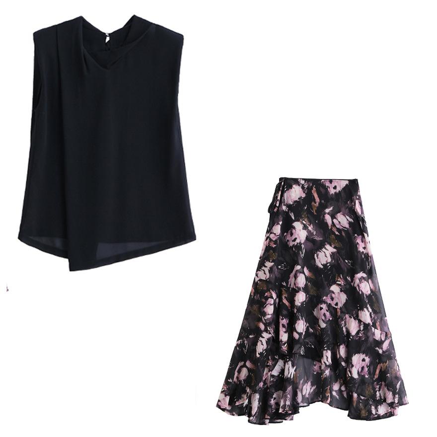 Printed dress two-piece set summer new design temperament elegant waist thin dress set