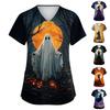 Women V Neck Short Sleeve Work Shirt Side Slit Top with Pockets Halloween Print Casual Blouse for Daily Wear