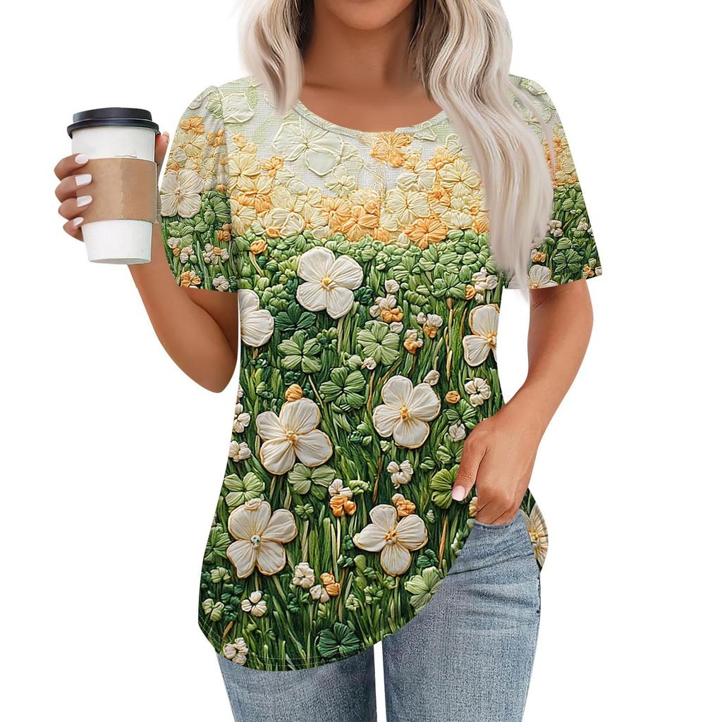 Women's Casual Short Sleeve Button Floral 3D Print Round Neck Top T-Shirt