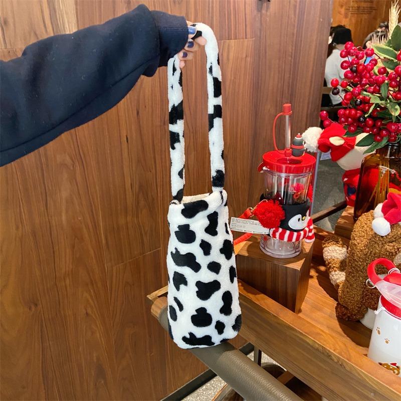 111 cute plush cow pattern student class cup bag commute to work portable plaid cup cover