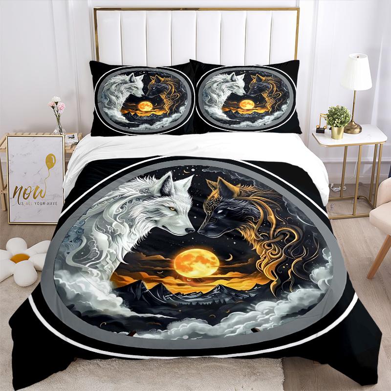 3pcs Yin Yang Wolves Printed Quilt Set - Includes 1 Quilt Cover and 2 Pillowcases, Machine Washable - Suitable for All Seasons.J105