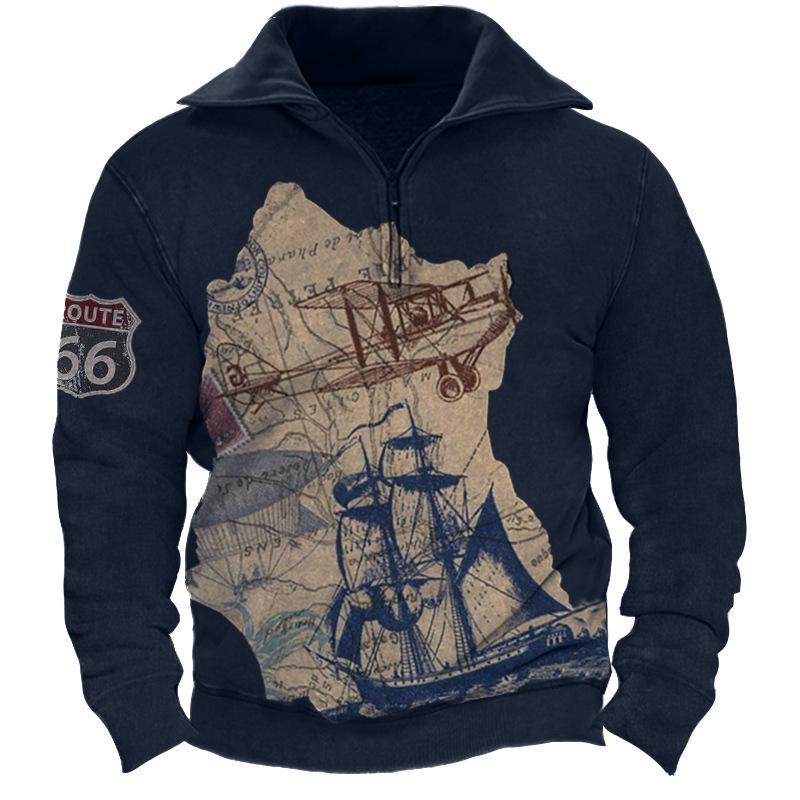 Men's Fashion Sweatshirt Half-zip Sweater Men's Spring and Autumn Models 3d Digital Printing High Neck Half-zip Polo Shirt Men's