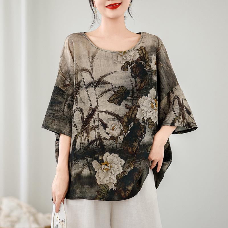 Ethnic Style Summer Cotton Linen Blouse Ethnic Style Bat Sleeve Loose Large Round Neck Comfortable T-shirt for Women